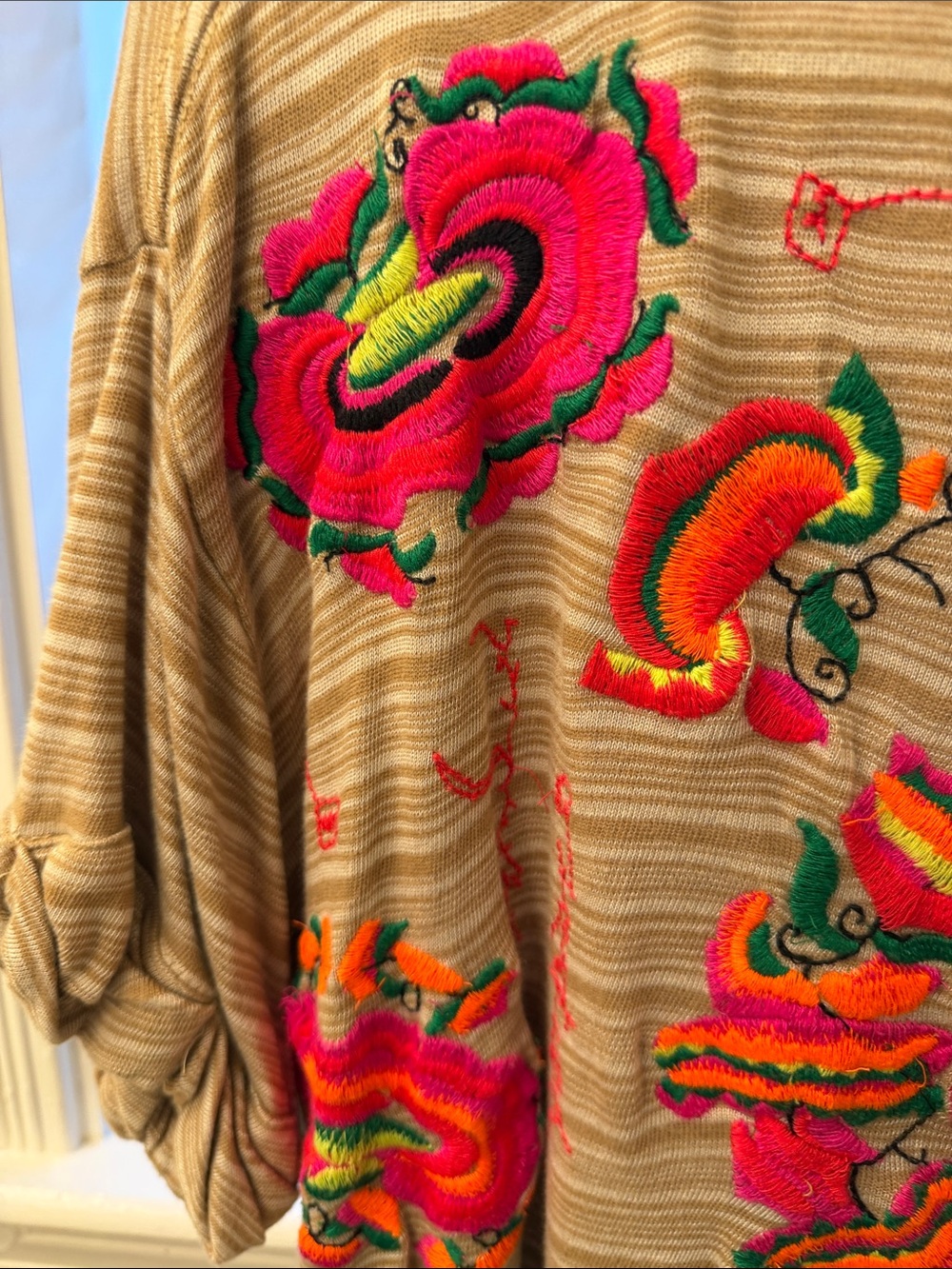 Free People Beige Striped Short Sleeve Top with Pink & Orange Floral Embroidery - Picture 9 of 9